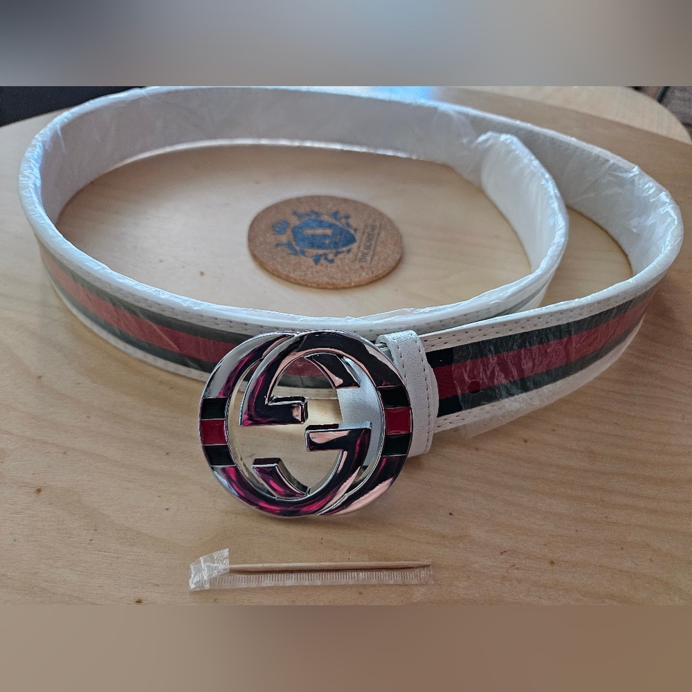 Gucci Brand Leather Belt White Red & Green Luxury original item NEW